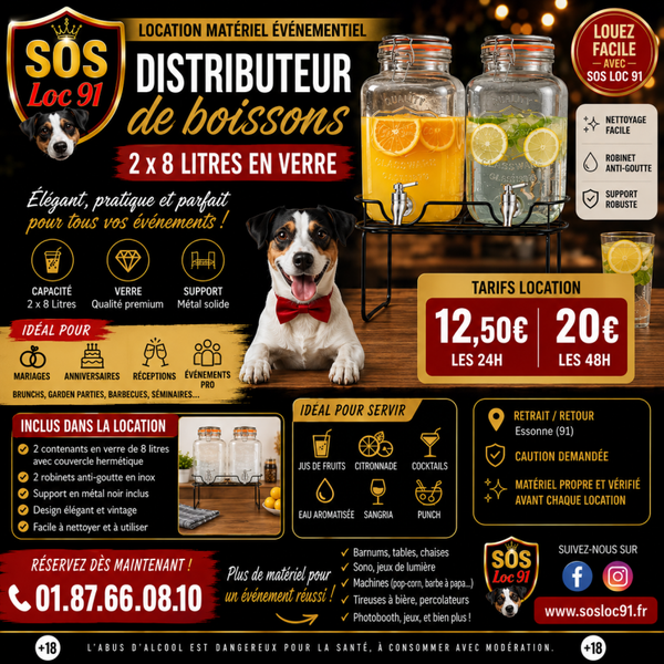 Distributeur de boissons double 2 × 8 L en verre – Location – Mariage, anniversaire, réception
