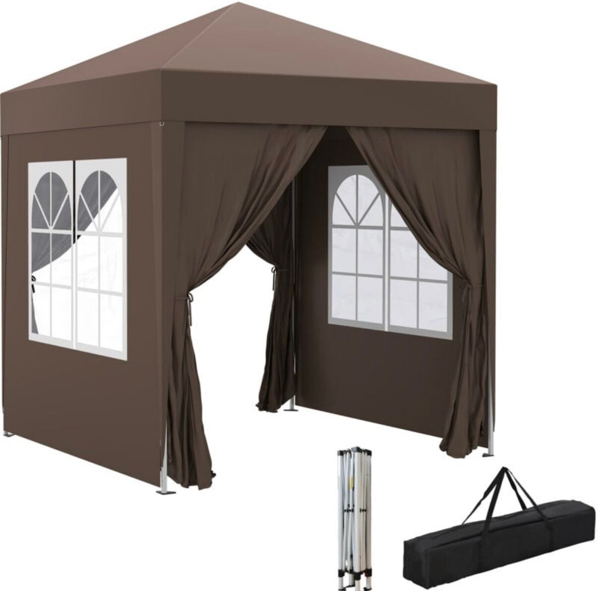 Tonnelle de jardin tente pliante barnum pop-up 2 x 2 m 4 parois latérales amovibles 2 fenêtres sac de transport chocolat