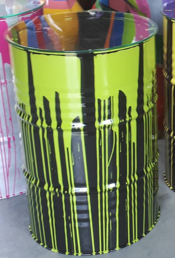 Metaal ton tafel groen druip multicolor met. Glas blad 65 cm