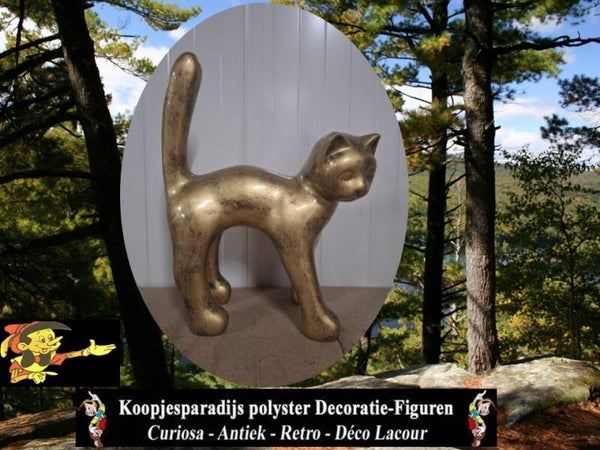 Parijse Kat met staart in de lucht antiek goud polyester résine 105 cm