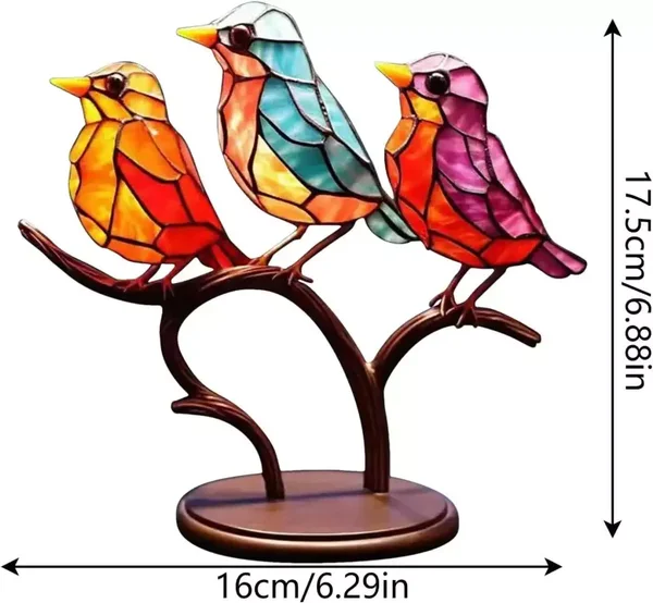 Gebrandschilderd Glas 3 Vogels Ornamenten Metalen Vogel Sculptuur 17 cm