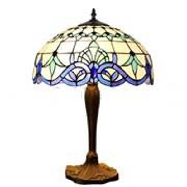 S003B16T11 Tiffany tafel lamp wit blauw Victorian design met bronzen voet 50 x 60 cm