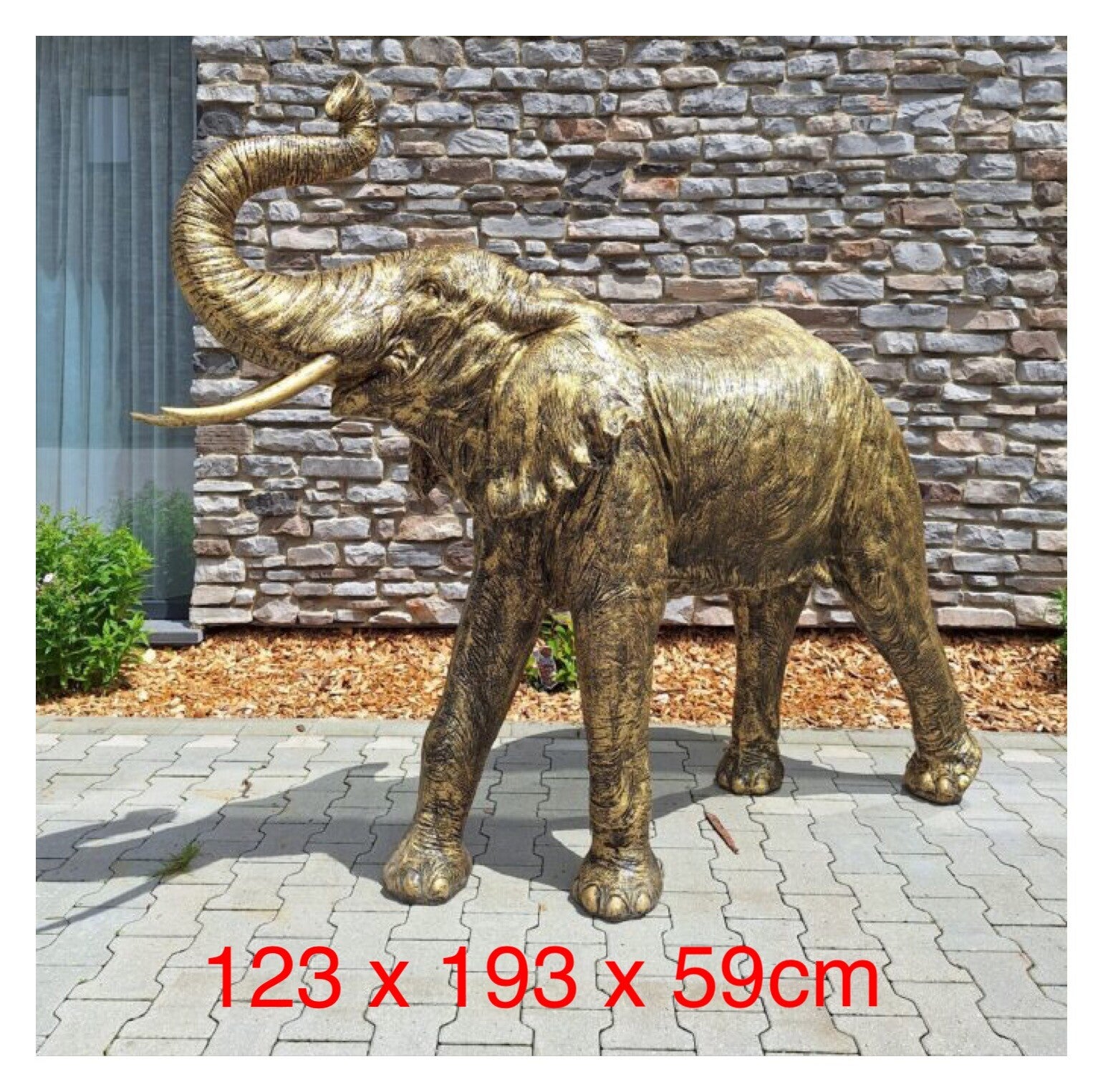 Olifant slurf omhoog fluitend laminaat antiek goud 123 x 193 x 59cm