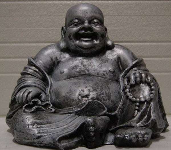 DB71  Curiosa hepy boeddha zit steen antiek  polyester résine 42 cm