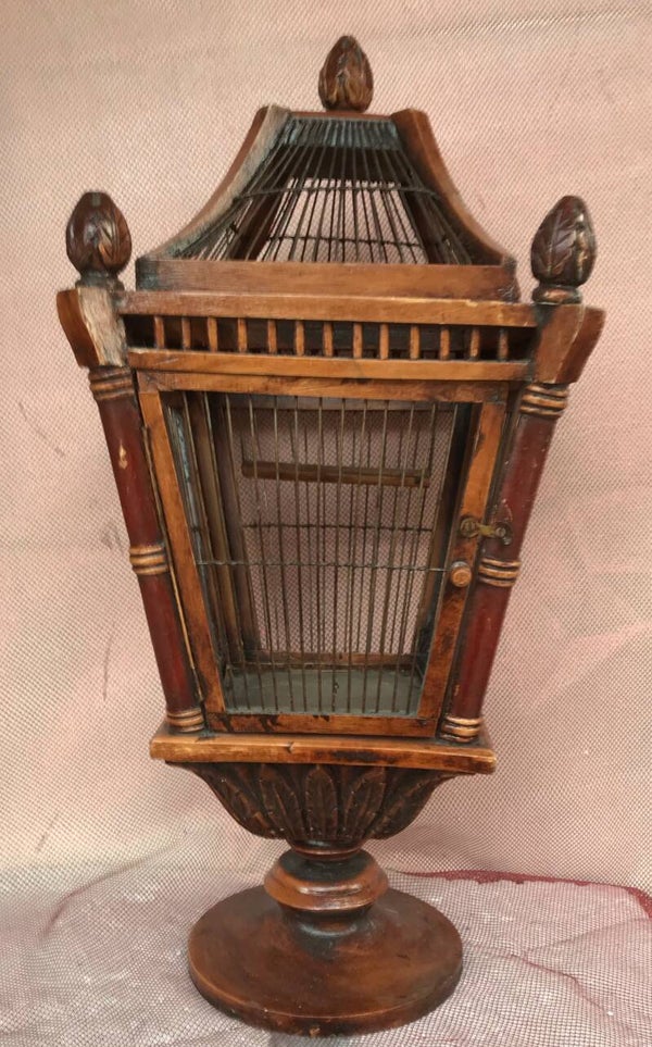 Antieken curiosa   houten pilaar kooi 60 cm