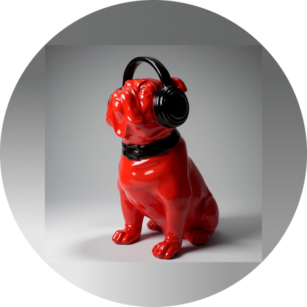 ART POP BULDOG HOND ROOD ZIT MET KOPTELEFOON 120 CM