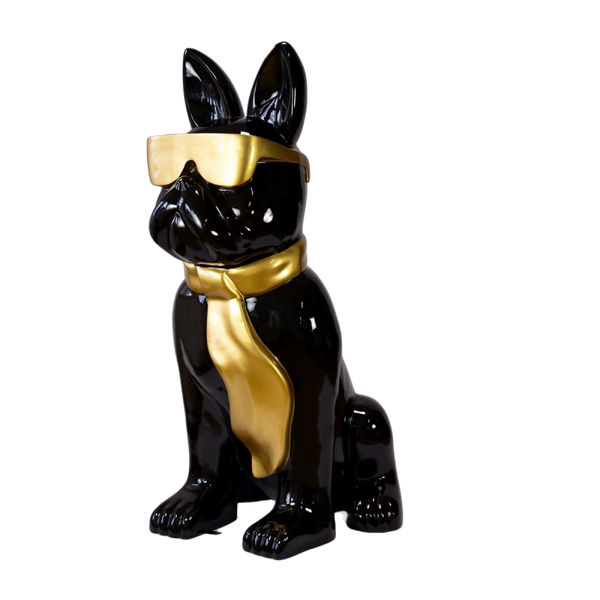 Art pop France buldog zit met zonnebril en das polyester résine 125 cm