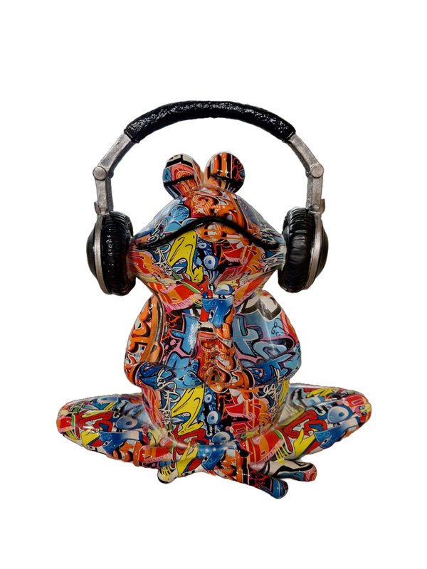 Graffiti pop art kikker zit mediterend met kopteleefoon 30 x 28 x 18cm VERP 4