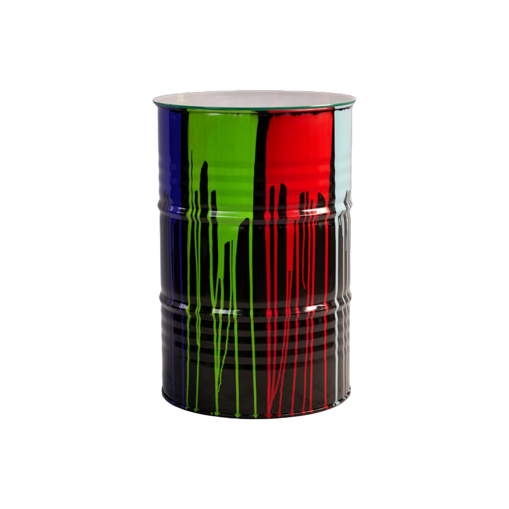 ART pop vat pilaar ton métaal met  glasblad zwart multicolor drop  120 cm