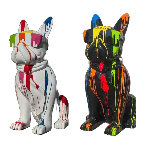 ART pop France Buldog XL zit zwart of wit druip multicolor met bril en das 125 cm