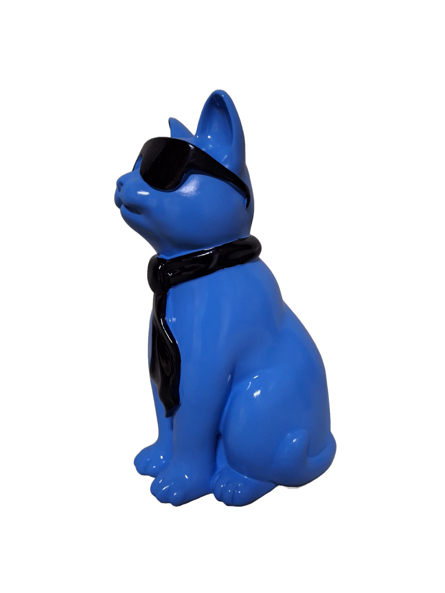 Kat zit met bril en das blauw polyester résine 28 cm Verp 1/8