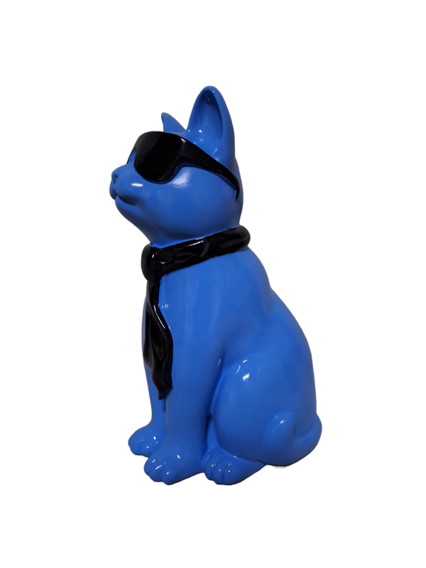 Kat zit met bril en das blauw polyester résine 28 cm Verp 1/8