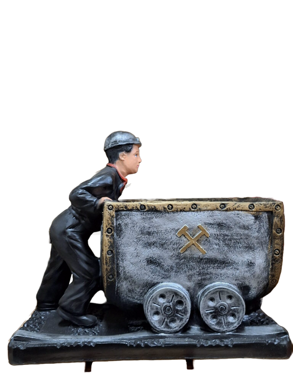 DMH26 Mijnwerker met wagon op spoor polyester résine  70 X 80 CM