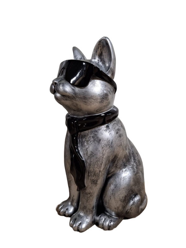 Kat zit met bril en das antiek zilver polyester résine 28 cm Verp 1/8