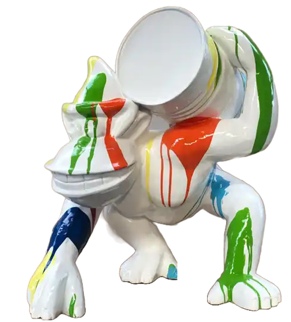 Art pop gorilla aap met ton op zijn rug polyester résine wit multicolor drop  65 cm