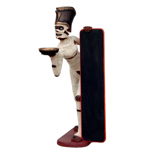 Mummie butler met menubord levensgroot.165 cm