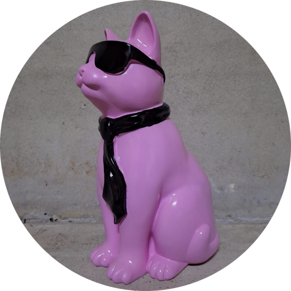 Kat zit met bril en das polyester résine 28 cm Verp 1/8