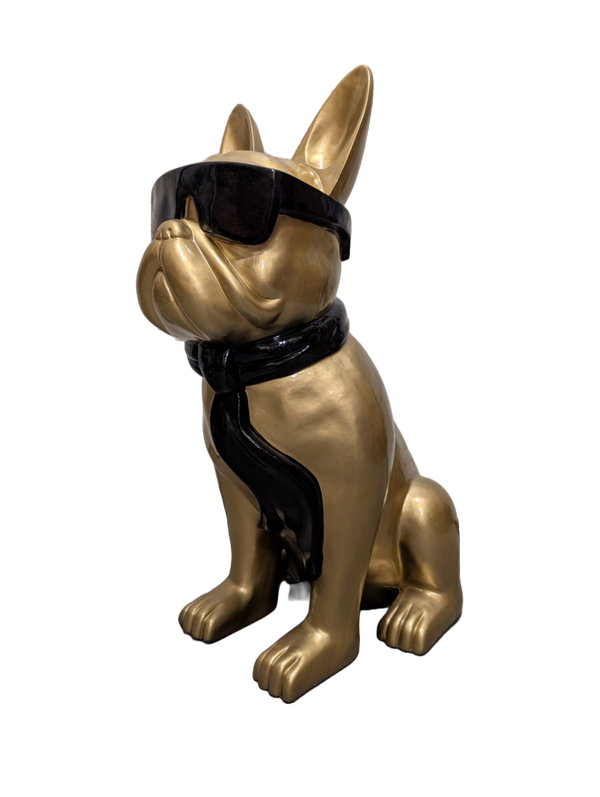 Art pop France Buldog hond XL zit met bril en das antiek goud 125 cm