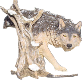 hond Wolf achter boomstronk polyester résine 75 CM