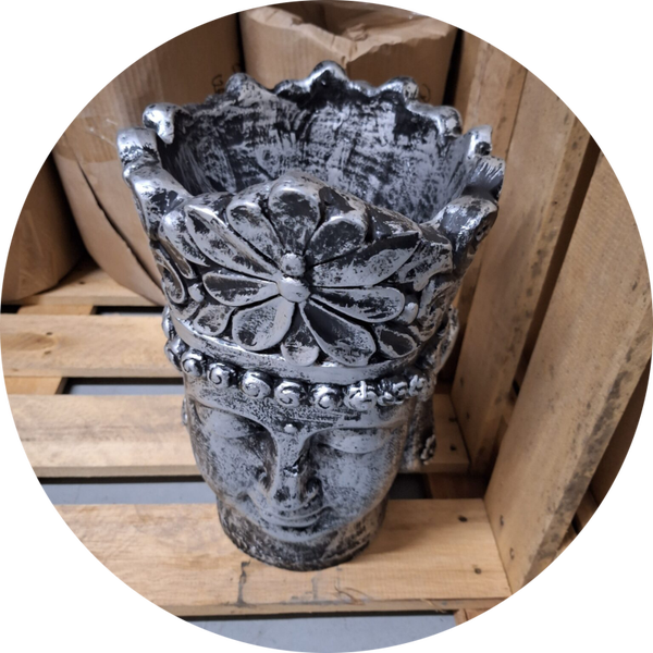 Boeddha bloempot antiek zilver 40 cm