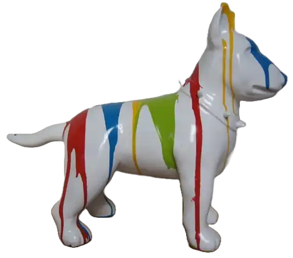 Hond bulterriër zwart 0f wit  multicolor druip polyester résine 70 x 1OO cm