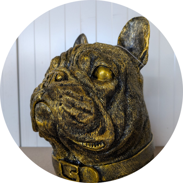 Hondenkop Franse Buldog antiek goud 30 cm