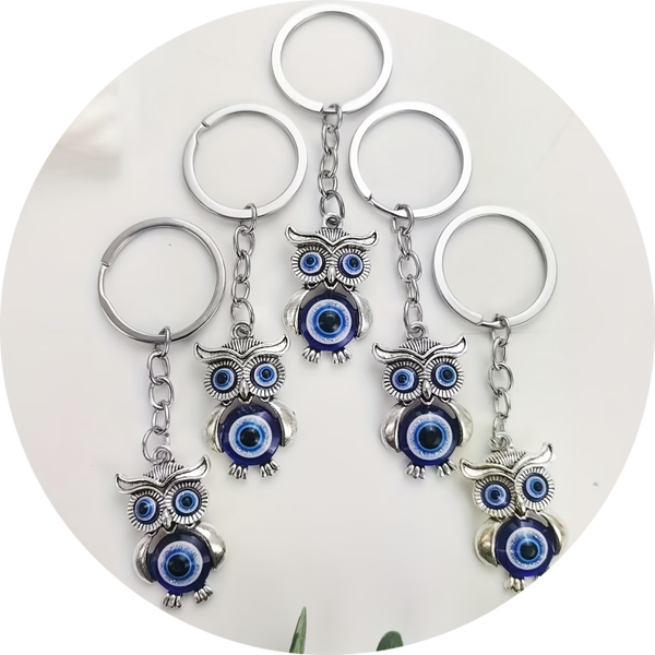 Porte bonheur  Blauwe Ogen Uil Sleutelhanger per stuk  verp 10