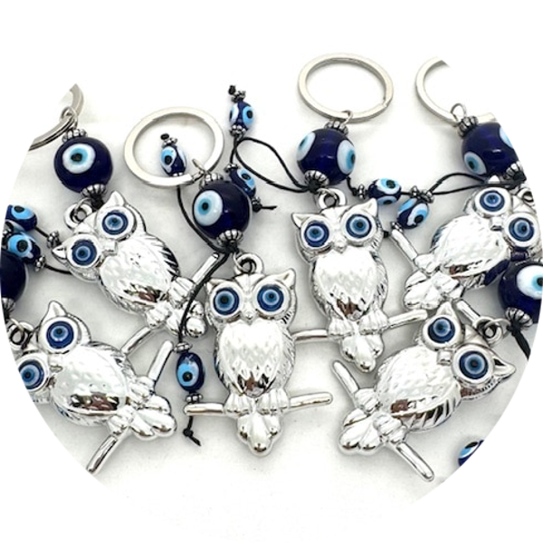 Porte bonheur Blauwe Boze Oog Sleutelhanger met Uil Set van 6 verp 6 set