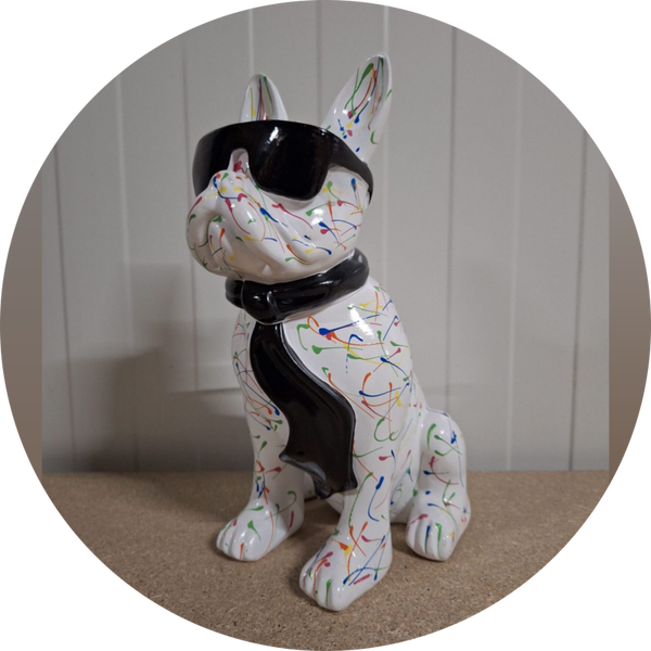 Franse bulldog hond   bril en das multicolor wit of zwart splas 28 cm verp 8