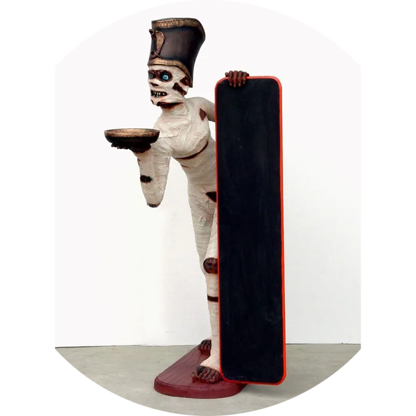 Mummie butler met menubord levensgroot.165 cm