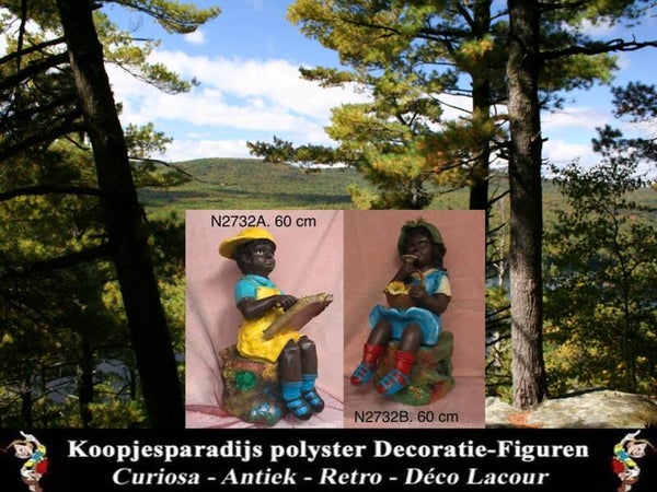 Africans meisje of jongen op stam met bloem polyester résine 60 cm