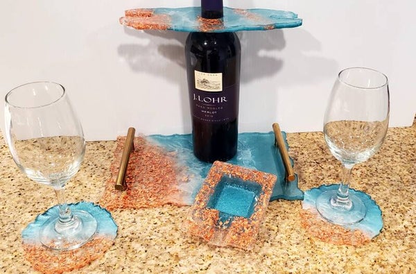 Resin Wine glass holder, Coaster set of 2, Serve tray and Ash try