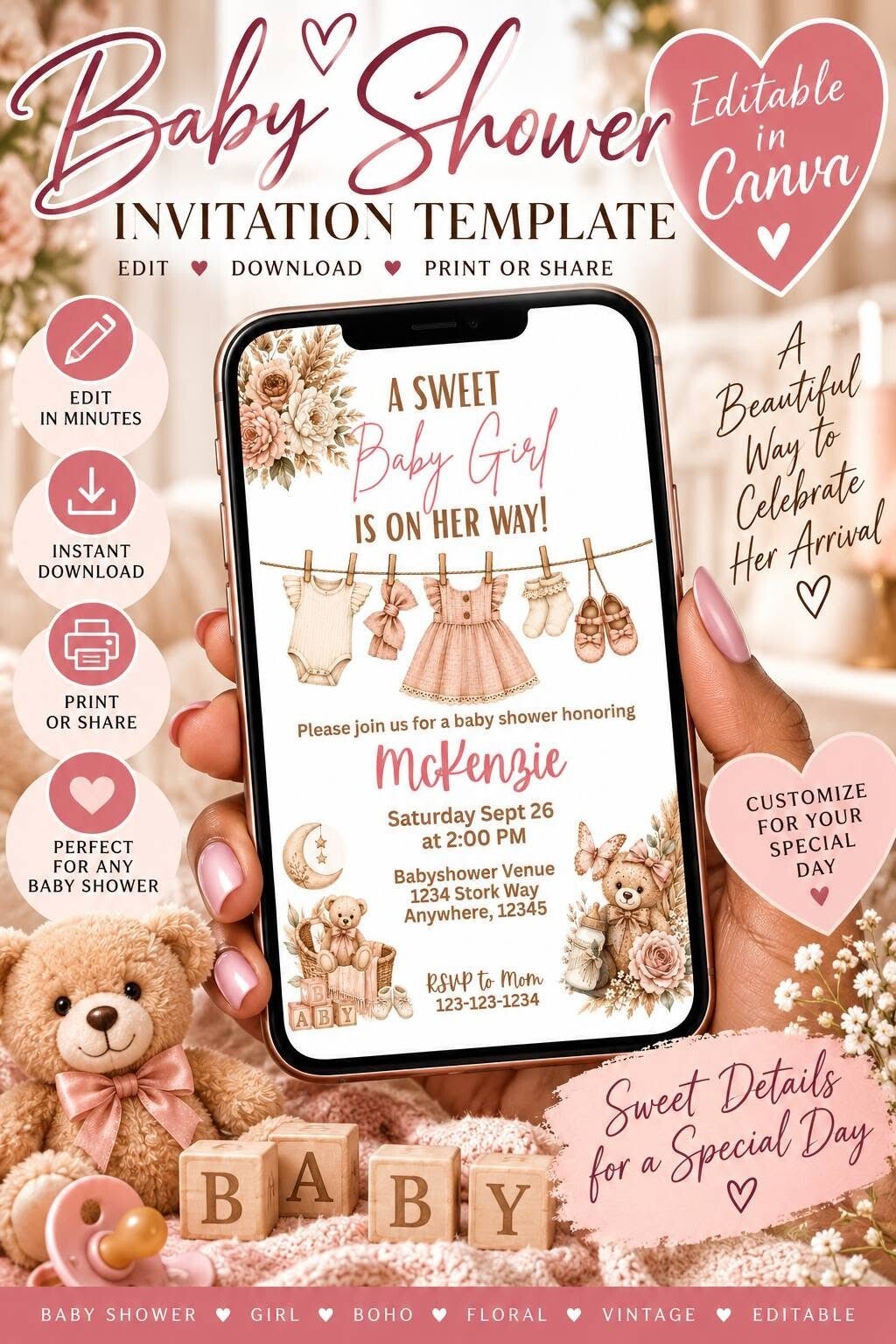 Baby Girl Baby Shower Invitation edit in Canva