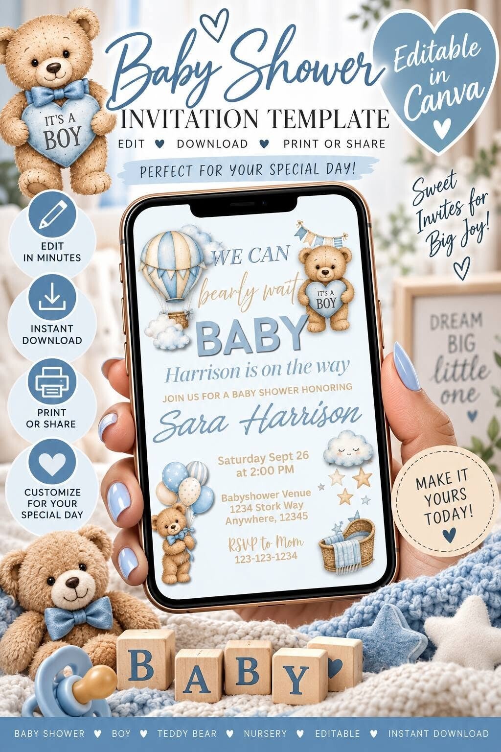 Baby Shower Invitation edit in Canva