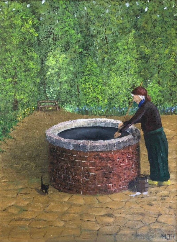 Oude vrouw bij waterput