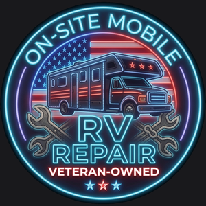 On-Site Mobile RV Repair Veteran-Owned neon logo. Circular glowing sign with American flag, RV truck, crossed wrenches, and bold text ‘ON-SITE MOBILE RV REPAIR VETERAN-OWNED
