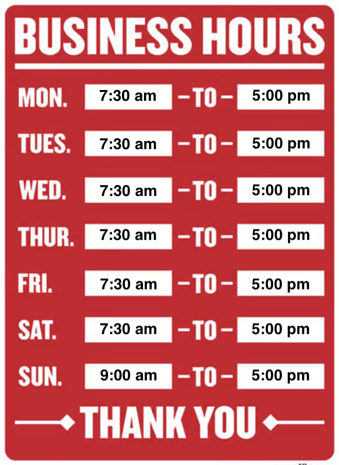 Business hours - On-site Mobile RV Repair -  Monday-Saturday 7:30am - 5:00pm Sunday 9:00am - 5:00pm