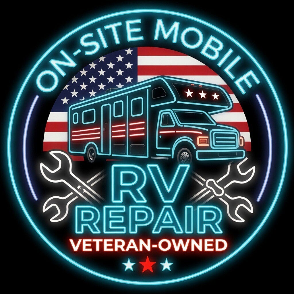 On-Site Mobile RV Repair Veteran-Owned neon logo. Circular glowing sign with American flag, RV truck, crossed wrenches, and bold text ‘ON-SITE MOBILE RV REPAIR VETERAN-OWNED