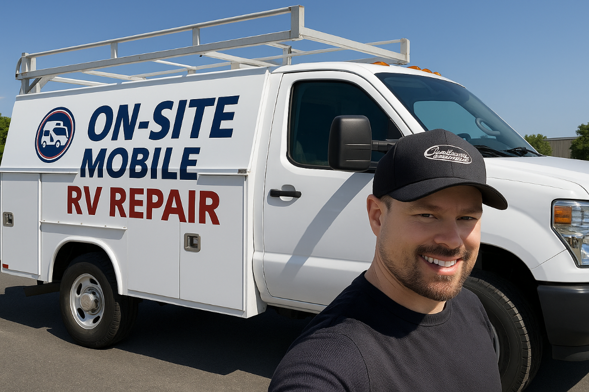 Mobile RV appliance repair technician servicing refrigerator on-site in Central Valley CA