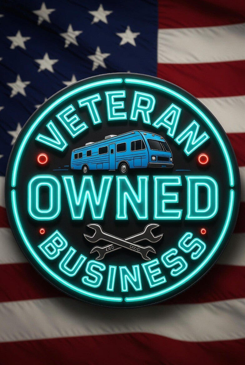 On-Site Mobile RV Repair Veteran-Owned neon logo. Circular glowing sign with American flag, RV truck, crossed wrenches, and bold text ‘ON-SITE MOBILE RV REPAIR VETERAN-OWNED