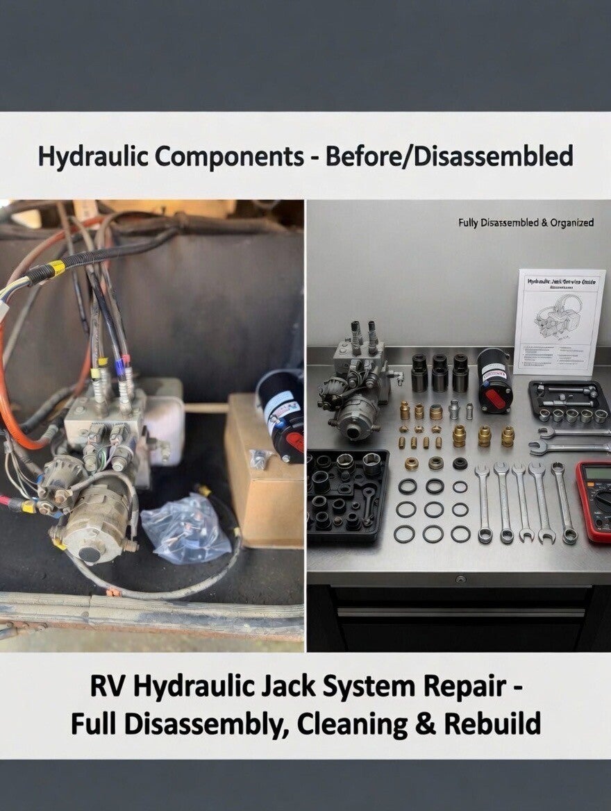 RV Hydraulic Jack System Repair - Full disassembly, cleaning and rebuild. Side-by-side before (in-unit components) and after (organized parts on workbench) view.