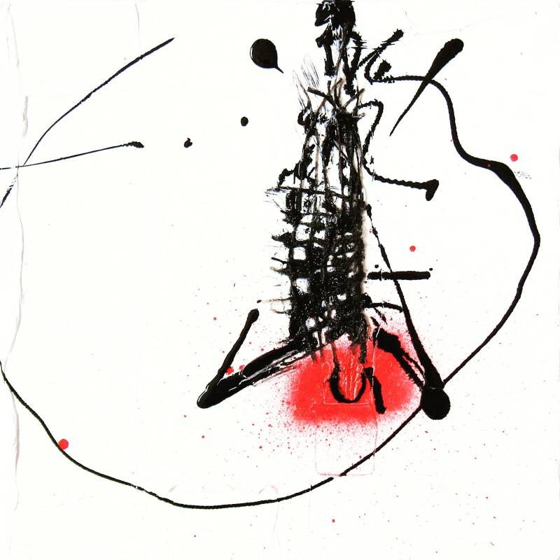 ``Electrique`` - Olieverf, Lak, Spuitbus & Stof op katoen - 20 x 20 cm 