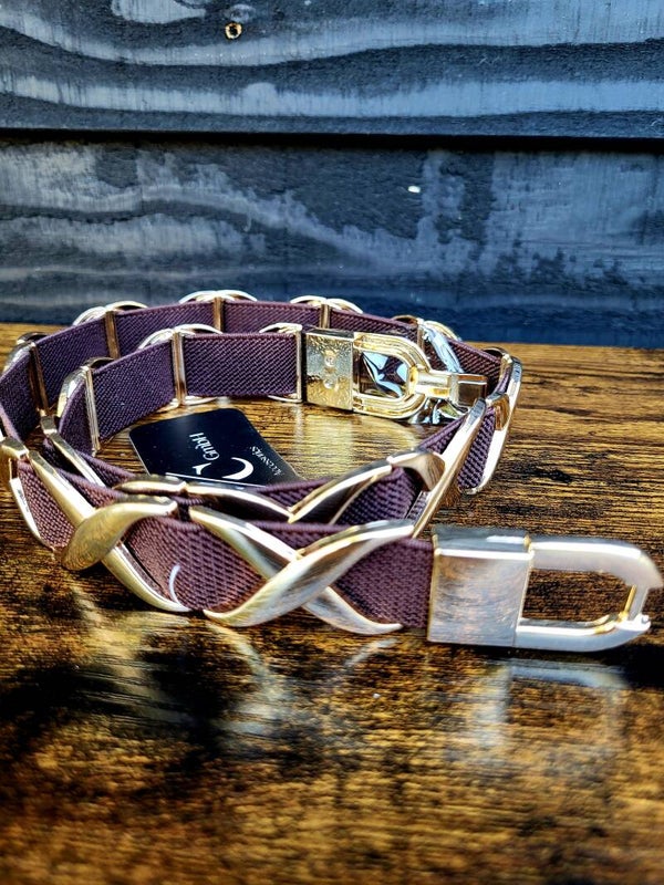 Elastische Riem Dames – 72 cm – Goudkleurige Gesp – Riem met Kruisjes Strikjes – Stretch Taille Riem – Fashion Accessoire – Perfect bij Jurk – Elegant & Comfortabel bruin