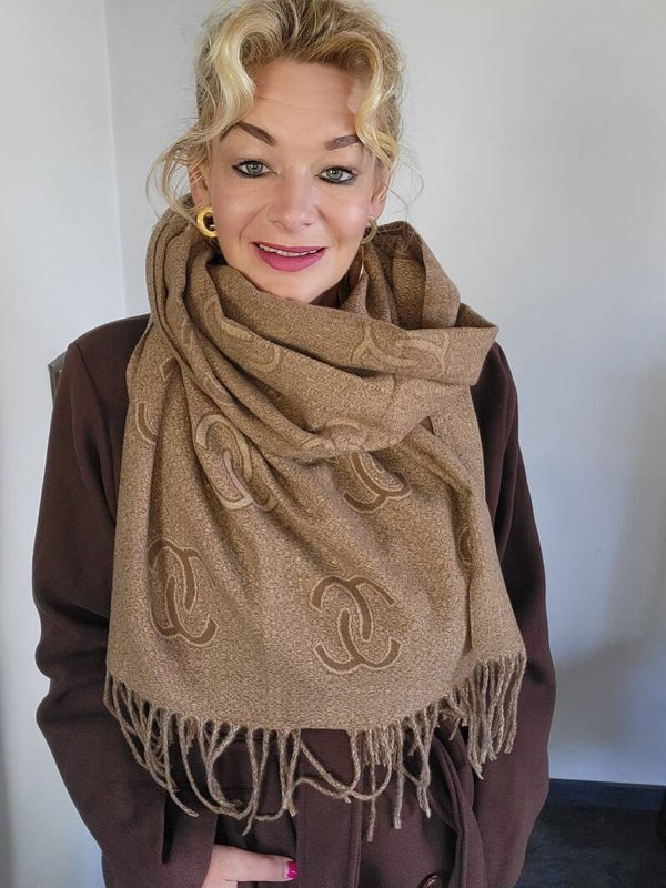 Elegante Sjaal met C-patroontje en Franjes – Kasjmier & Wolmix bruin