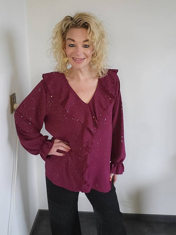 Blouse met glitter en ruches bordeaux
