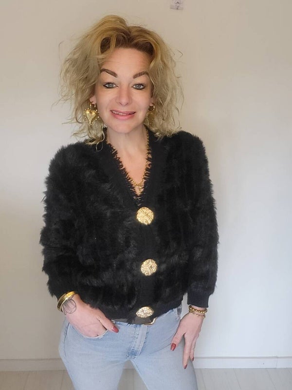 Fluffy vest zwart gouden knopen