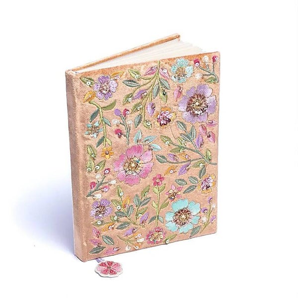 Fluwelen notitieboek bloemen beige