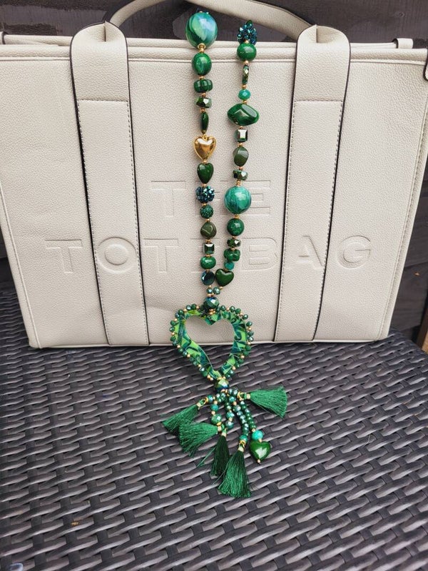Lange Ketting met Kralen en Tassel groen hart