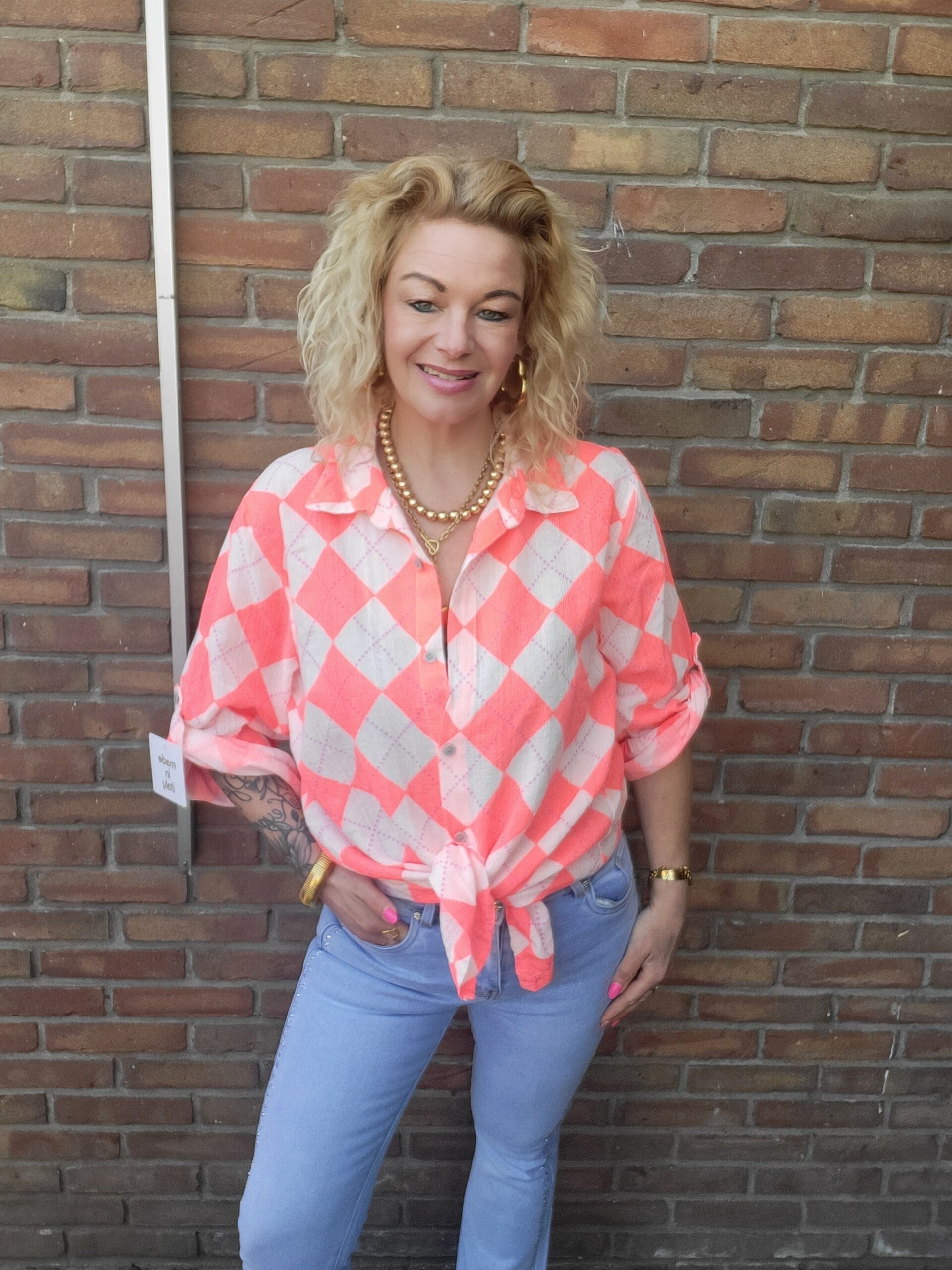 Blouse ruit zalm