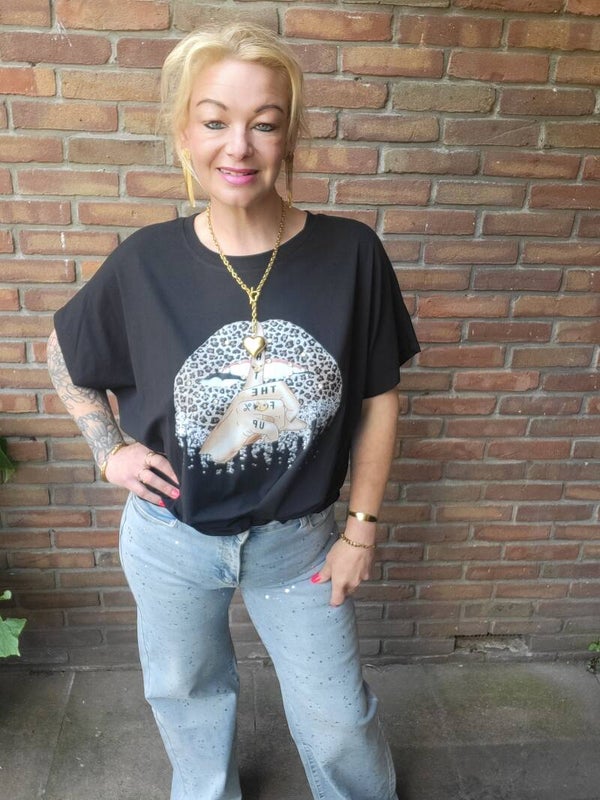 Shirt panterlip bling zwart